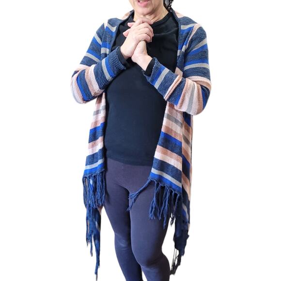 Say What Striped Fringe Boho Knit Cardigan Large Indie Duster Cozy Layer Shabby - Picture 2 of 9